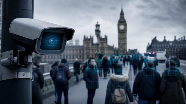Black dome camera mounted on a pole above a busy street, red double-decker bus blurred in the background.