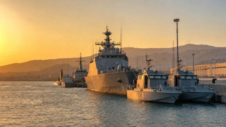 Gray naval ships moored at a long concrete pier with cranes and warehouses along a Pacific harbor.