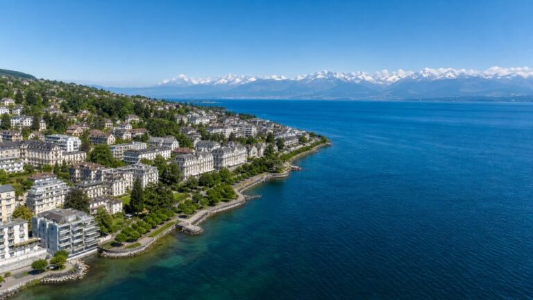 Lakeside town with white hotels and green hills, calm blue water and mountains across the lake.