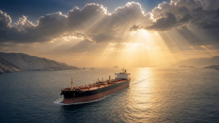 Large tanker ship sailing toward a golden sunrise on open water, with a narrow strait and hills in the distance.