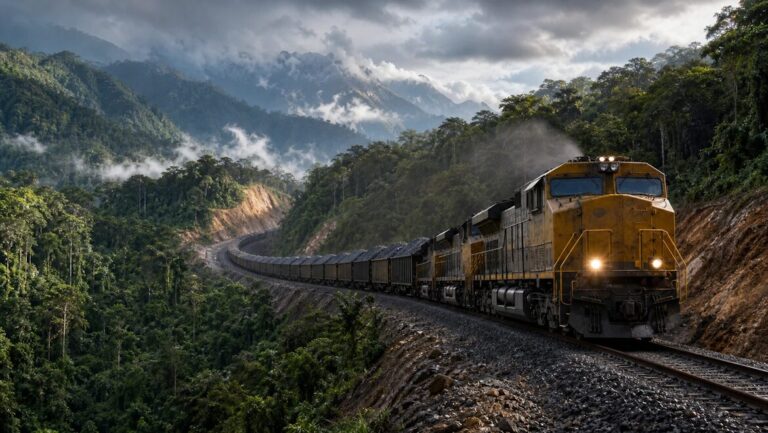 Railway tracks cutting through dense Amazon rainforest toward the Andes, with a cargo train headed for the Pacific coast.