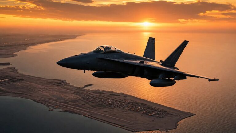 Two fighter jets flying over the blue waters of the Persian Gulf with a coastline and island in the distance.