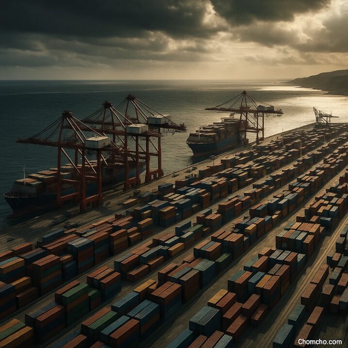 Aerial view of a large container terminal with red cranes and a long breakwater on a desert coastline.