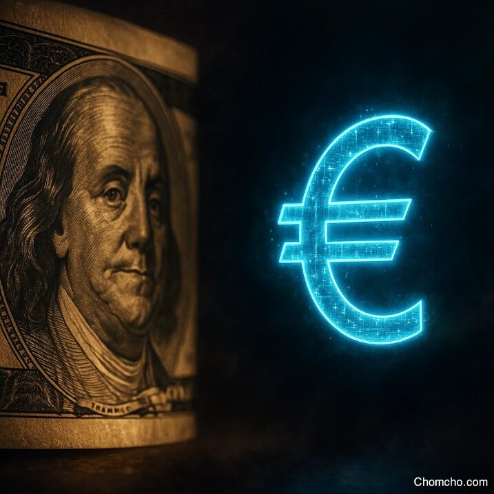 Two coins standing upright side by side on a dark surface, one with a dollar sign and one with a euro sign, lit from above.