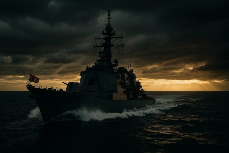 Gray warship with a tall radar mast cutting through dark blue ocean water under a clear sky.