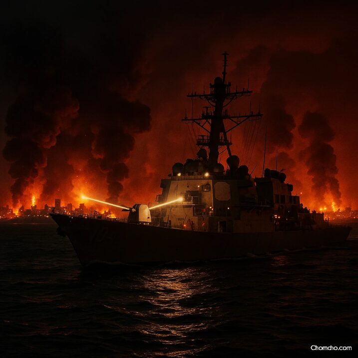 U.S. Navy destroyer firing at night in the Strait of Hormuz, with burning ships and black smoke on the horizon