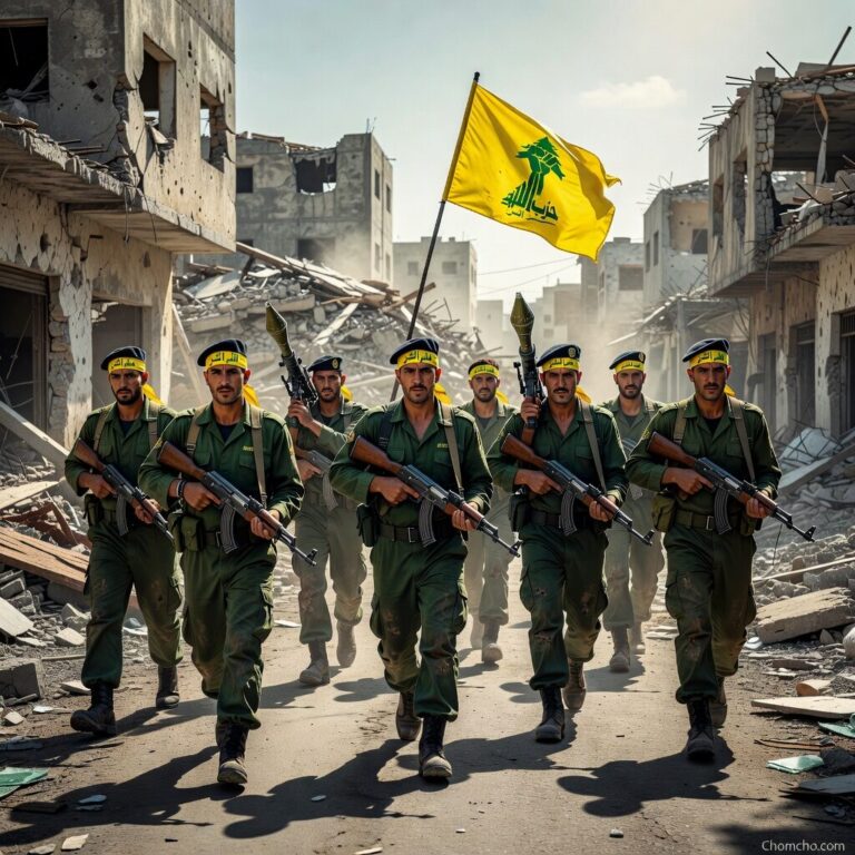 Armed Hezbollah fighters in green uniforms and yellow headbands marching through a bombed-out street, carrying rifles and a yellow flag
