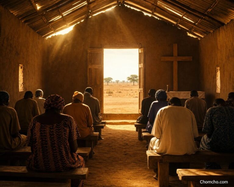 People seated on wooden benches inside a simple mud-brick church with open windows and dusty light.