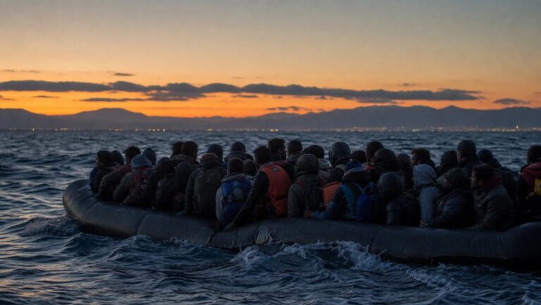 Overcrowded inflatable boat with people in orange life vests on open sea, a coast guard vessel on the horizon.