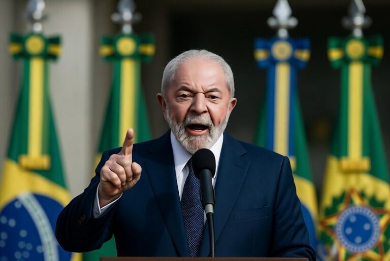 Man in a dark suit gesturing at a podium with microphones, Brazilian flag behind him and reporters in front.