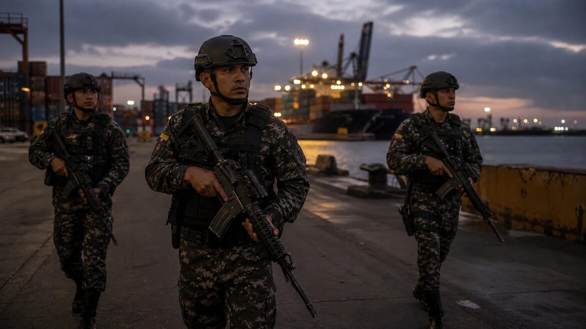 Soldiers in camouflage with rifles walking past stacked shipping containers at a port, cranes in the background.