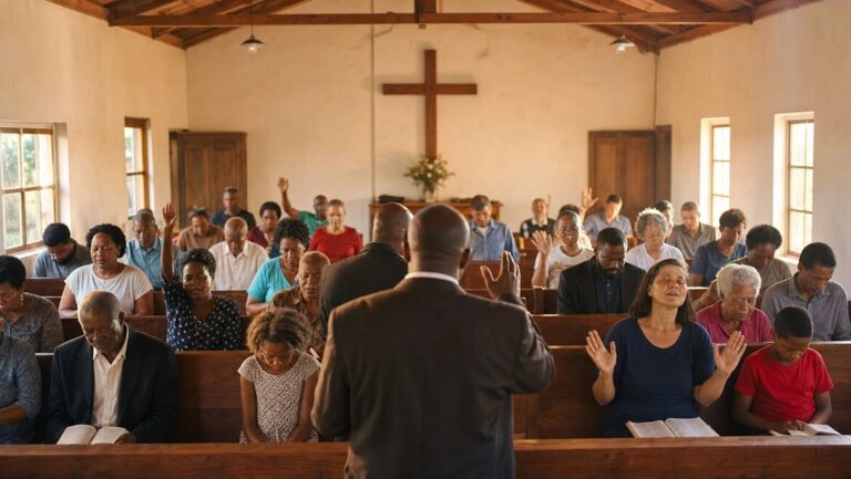 Small group of people sitting in wooden pews of a simple church, some with heads bowed, sunlight through the windows.