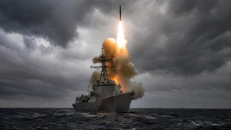 Bright missile exhaust trail rising from the deck of a gray warship at night over dark water.