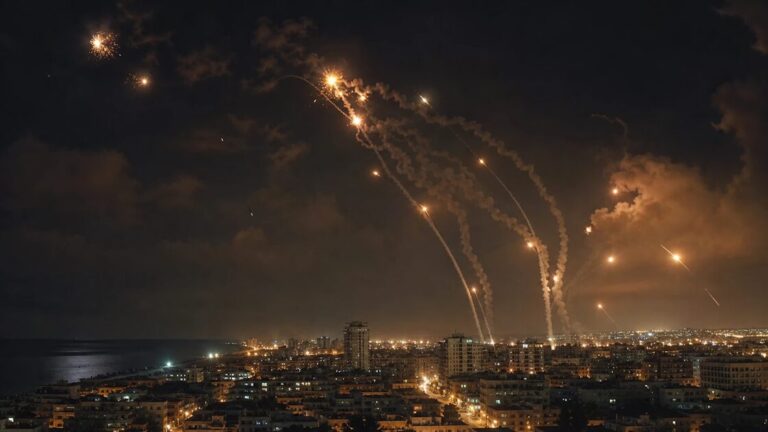Streaks of light from interceptor missiles crossing a dark night sky above city lights.
