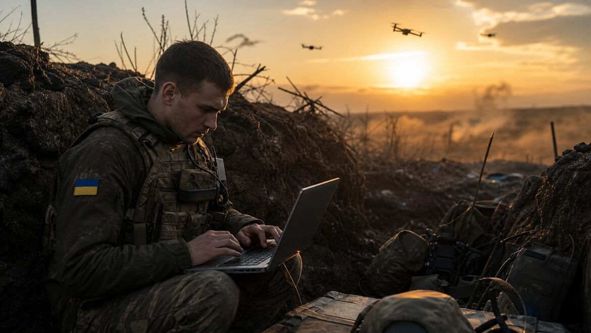 Person in camouflage crouching in a trench holding a controller, a small quadcopter hovering nearby.