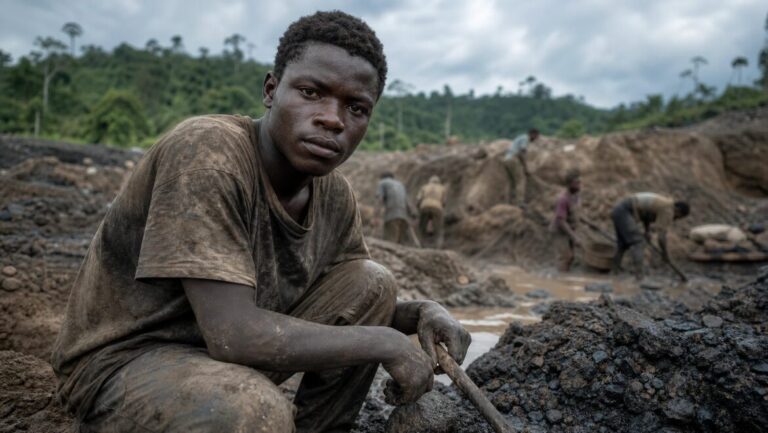 Man with a headlamp digging in a muddy pit with a shovel, dark reddish soil and wooden supports around him.