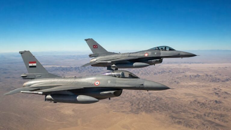 Two jets with gray fuselages flying in close formation against a clear sky, one slightly ahead of the other.