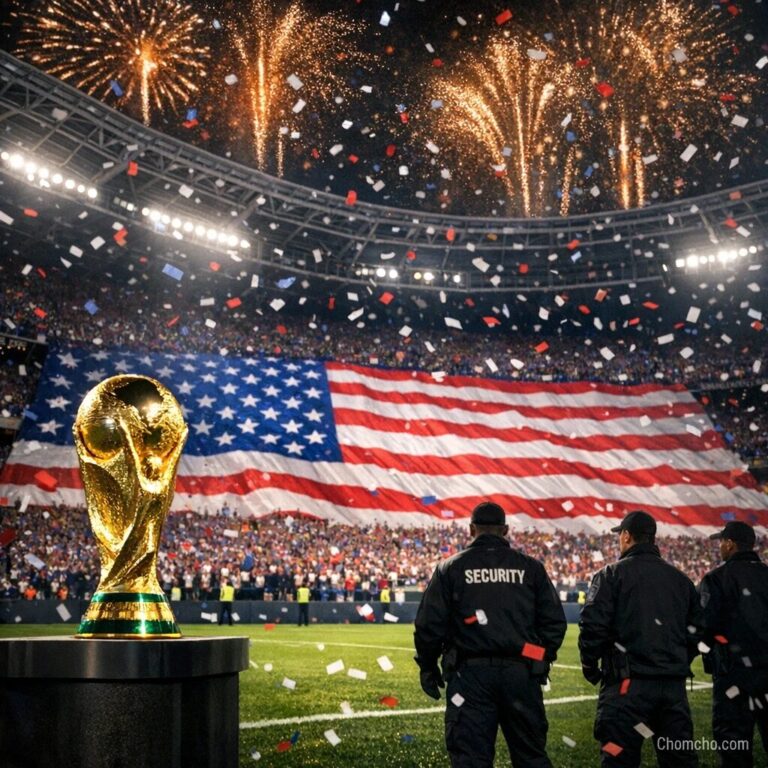 Illustration of a packed stadium at night with fireworks and confetti over the pitch as fans celebrate the World Cup final.